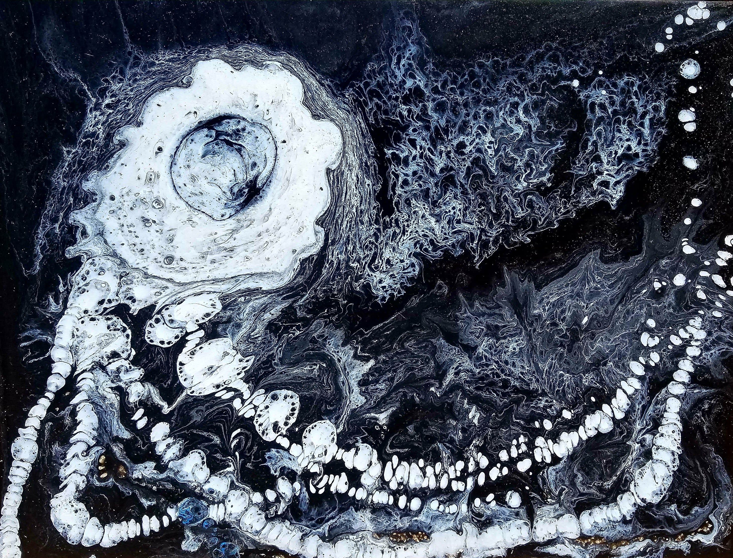 Dramatic acrylic pour in black and white with deep blue accents, featuring a spiral galaxy-like form and a trailing chain of cellular shapes
